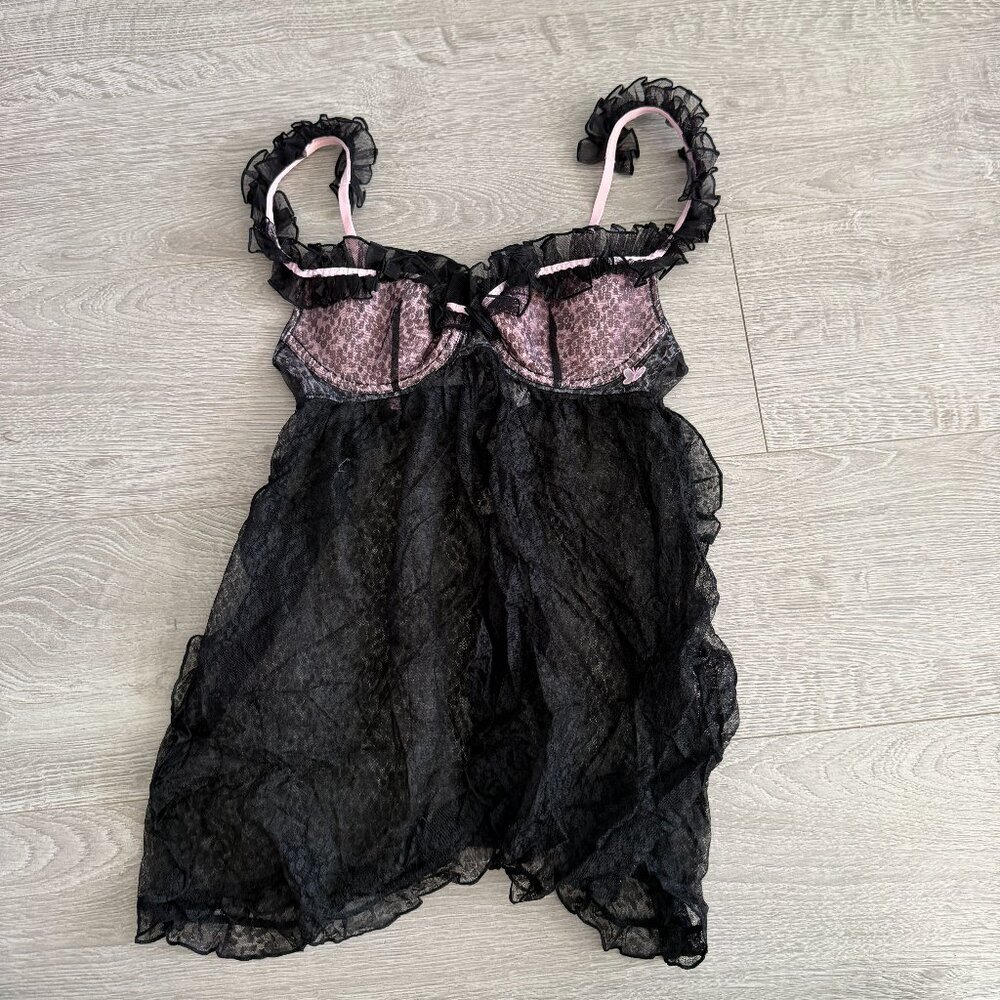 Victoria’s Secret Black Sheer Babydoll Lingerie Leopard Lace 34B